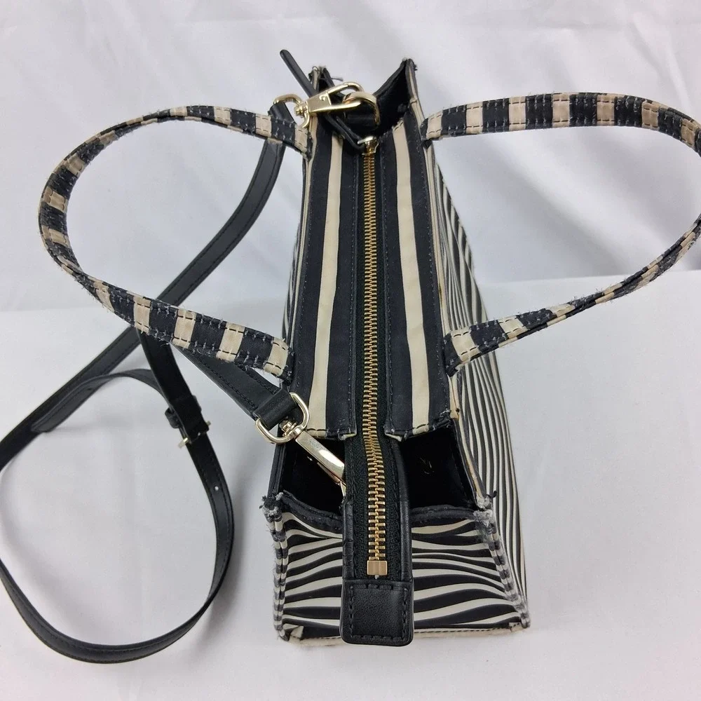 Kate Spade New York Black Cream Striped Satchel Crossbody Bag R00675